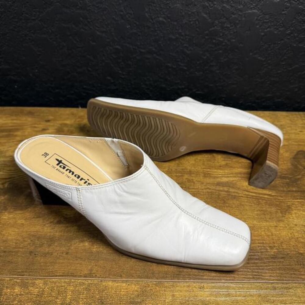 Tamaris White Leather Square‎ Toe Block Heel Slip On Mules Womens EU 38